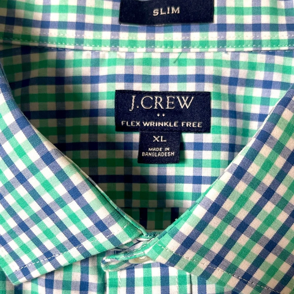 J. Crew Slim Fit Flex Wrinkle Free‎ Blue Green Check Button Down Shirt XL
